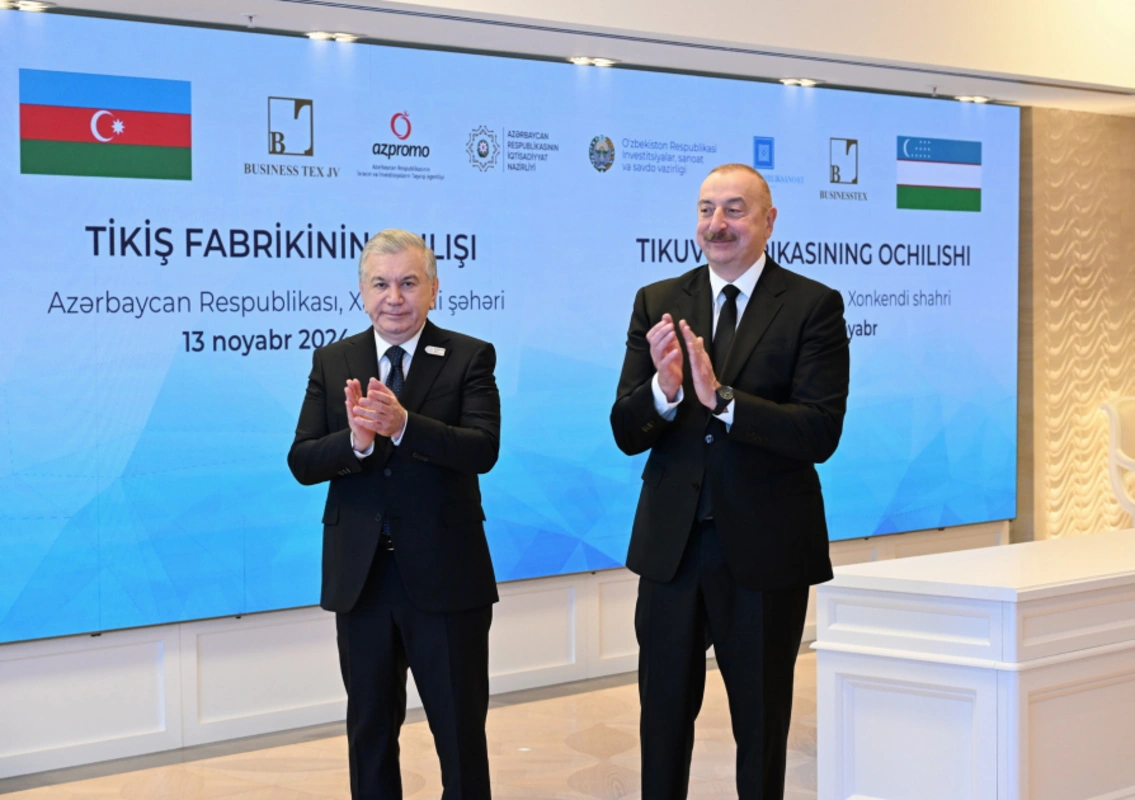 İlham Əliyev və Şavkat Mirziyoyev Xankəndidə tikiş fabrikinin açılışında iştirak ediblər